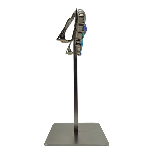 Vintage Blue Aurora Borealis Rhinestone Earrings | Square Diamond Design - Picture 2 of 5